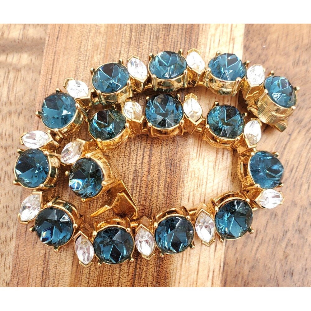 Vintage Tennis Bracelet 7" Blue Crystal Glass Estate Gold Plated Wedding Pageant